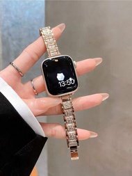 1入女性奢華玫瑰金鑽石不銹鋼手腕帶，兼容Apple Watch Ultra Band 49mm 45mm 44mm 38mm 40mm 41mm 42mm時尚精美金屬鏈手鍊帶，兼容Apples Watches Watchband for Series 9 8 7 SE 6 5 4 3 2 1，智能手錶帶，兼容Apple Watch Band手錶帶配件