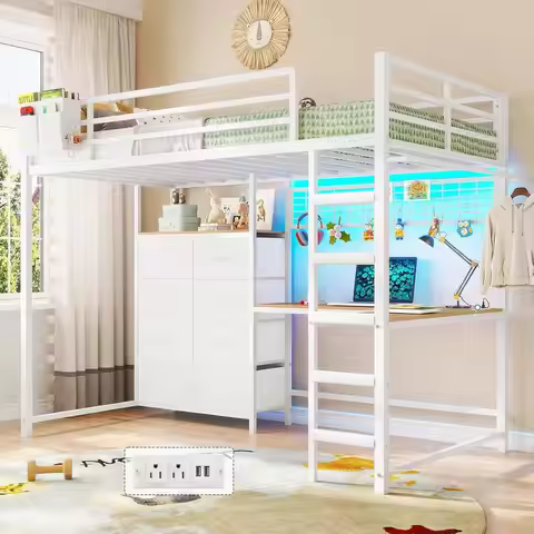 White Twin Metal Loft Bed with L-Shaped Desk, 7 Drawers, LED Lights, Charging Station, Storage Shelv