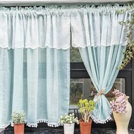 Solid Cyan Sheer Tier Short Curtain Valance with Bottom White Pompoms for Balcony Linen Textured Kitchen Curtain Topper Window Treatment for Small Window Cabinet Cafe Rod Pocket