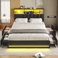 Queen Size Bed Frame with Bookcase Headboard & LED Lights Platform Bed Black