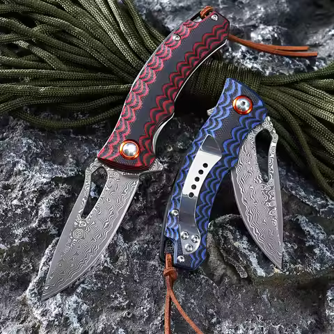 Tactical EDC Folding Knife Damascus Steel Blade Anti-Slip G10 Handle Ball Bearing High Hardness 58-5