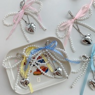 French Chanel Style Pearl Ribbon Bow Heart Keychain Bag Decoration Pendant Mobile Phone Chain Access