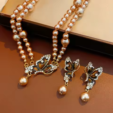 1/2 Pcs Champagne Golden Imitation Pearl Chokers Necklaces Retro Zircon Butterfly Dangle Earrings Pa