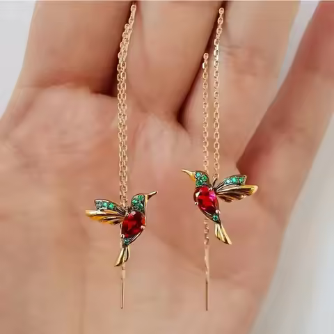 Gold Color Jewelry Metal Hummingbird Red CZ Long Earrings For Women Green Stone Red CZ Wing Spreadin