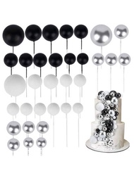 33入組圓形球形蛋糕裝飾，迷你杯子蛋糕裝飾，插入式蛋糕裝飾，球形蛋糕裝飾，泡沫球蛋糕插架，烘焙裝飾工具（黑色，白色，銀色）
