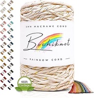 BOCHIKNOT 5mm Macrame Cord - Single Strand Macrame Cord - Cotton Cord for Macrame &amp; Knotting - Macrame Rope Supplies in 3mm 4mm 5mm for Crafts, Wall Hangings, Plant Hangers (150yds, Natural &amp; Gold)