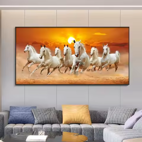 Modern Simple Wall Art 7 Running White Horses Sunset Scenery HD Canvas Printing Poster Home Living R