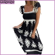 Summer Women Dress Elastic Bust Bohemian Contrast Color Maxi Dress Pleated Square Neck Flying Sleeve