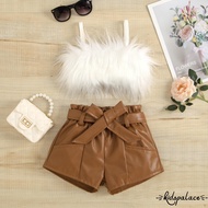 2 Pcs Toddler Solid Color Outfits  Girls Cropped Fluffy Fur Camisole + Belted Leather Shorts 2-7 Yea