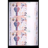 Malaysia, 8th series, 1996,2 Ringglit, P-40a1, S/N. ZA 04182/197/21277. Uncut sheet of 3, UNC with f