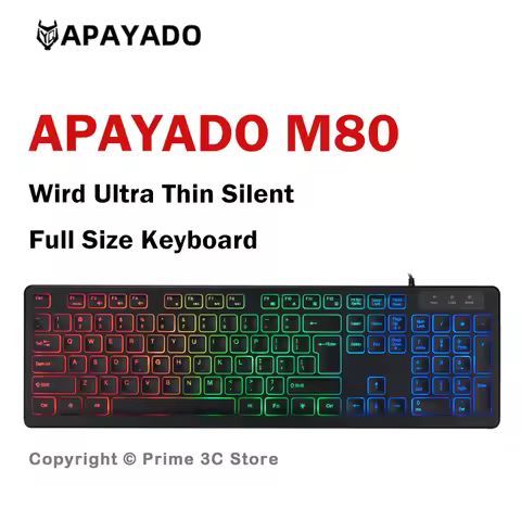 APAYADO M80 Ultra Thin Wired Keyboard 104 Keys Silent Membrane Keyboard Backlit Chocolate Keycaps US