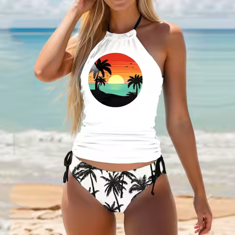 Swimwear Plus Size Women Women'S Swimwear Tankini 2 Piece Normal Swimsuit Backless 2 Piece Printing 