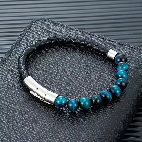 MKENDN Reiki Blue Apatite Bead Bracelet Men Women Braided Leather Natural Stone Blood Circulation St