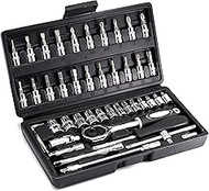 YUFANYA 46PCS 1/4 inch Drive Socket Set,Metric Ratchet Wrench Set with 4-14mm CR-V Sockets,S2 Bits,E