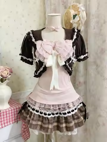 Summer Japanese Retro Lolita 3 Piece Sets Women Sweet Ruffle Tops High Waist Mini Skirt Suits Kawaii