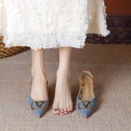 Denim heels for women classy elegant sandals tumit tinggi 2 inci kitten buckle Pointed heels wanita