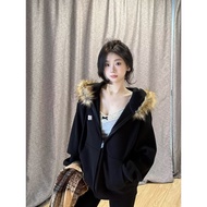 American High Street Big Fur Collar Hooded Sweatshirt Women y2k2025 Autumn Winter oversized Loose Ja