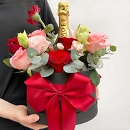 客製化禮物|高貴黑色花盒 客製化Moet香檳禮物 浪漫鮮花禮物