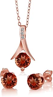 3.05 Ct Red Garnet White Diamond 18K Rose Gold Plated Silver Pendant Earring Set