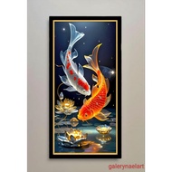 Wall decoration printed painting plus frame size 100x50cm picture 2 koi fish gold lotus flower