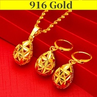 Gold 916 Original Singapore Necklace Women Water Drop Pendant Water Wave Chain Earring Two-piece Female Jewelry Pendant