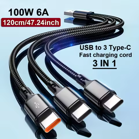 6A USB Type C Cable 3 in 1 120W Fast Charging Universal Mobile Phone USB Charging Data Cord Quick Ch