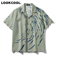 KEMEJA LOOKCOOL Sage Green Shirt Blue Fish Shoal Art Motif Kemeja Lelaki