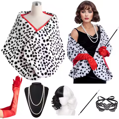 Women's Cruella Deville Costume Dalmatian Print Shawl Scarf Stole Black White Adult Halloween Outfit