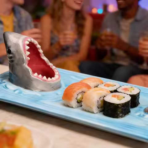 Handmade Ceramic Shark Sushi Plates W/ Dipping Sauce Bowl Shark Charcuterie Board Funny Nacho Taco S