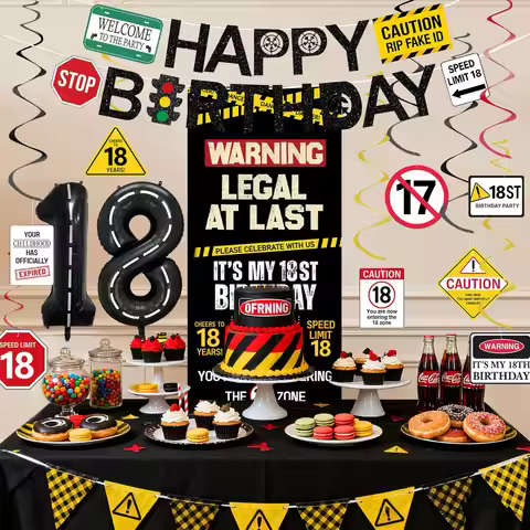 18th Birthday Decorations for Boys Girls, Caution Logos Happy 18th Birthday Banner Backdrop Foil Bal