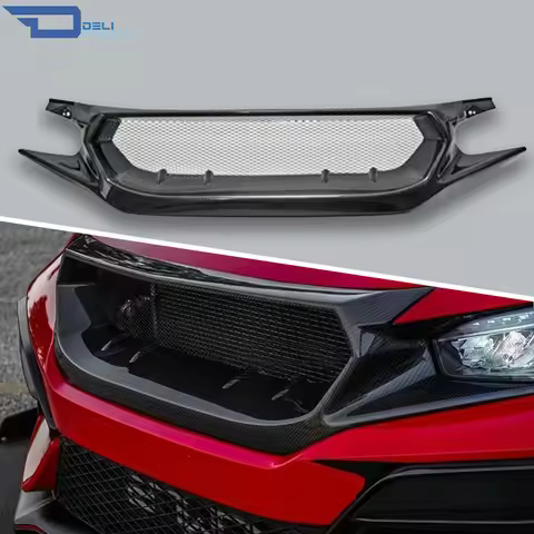 For Honda Civic Type R FK8 2017+ JS Style Front Grille Carbon Fiber CF Car Exterior Accessories Fits