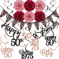 50th Birthday Decorations for Women, Black Rose Gold Happy 50th Birthday Banner Pompoms Sparkling Ha