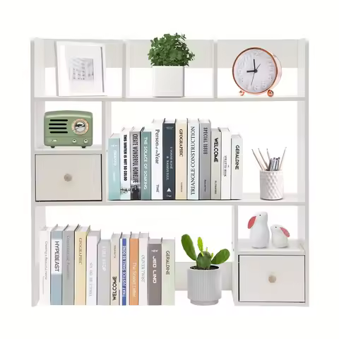 Mixed Storage White Desktop Bookshelf 9 Compartments 7 Open Display Slots 2 Enclosed Cabinets With D