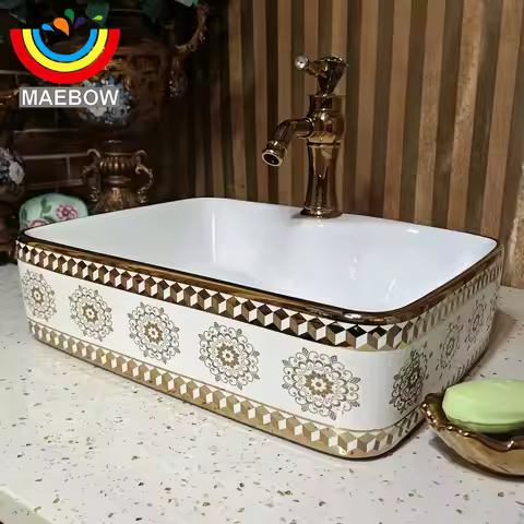 MAEBOW Rectangular Golden Countertop Ceramic Bathroom Sink Home Decoration Art Basin 5 Star Hotel Ar