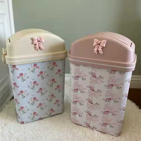 Leather Trash Bin Girly Floral Bathroom Trash Can Paper Basket Retro Kitchen Trashbin with Lid Large