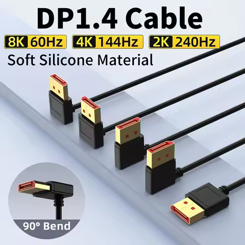 8K@60Hz DisplayPort 1.4 Cable 90 Degree DP to DP Silicone Soft Thin Cord for PC Gaming Monitor Compa