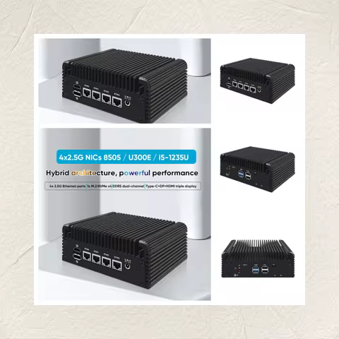 Fanless Mini PC Intel Core i5 1235U U300E 8505 4x2.5G NIC 2xDDR5 NVMe HD DP Type-C Zero Noise Deskto