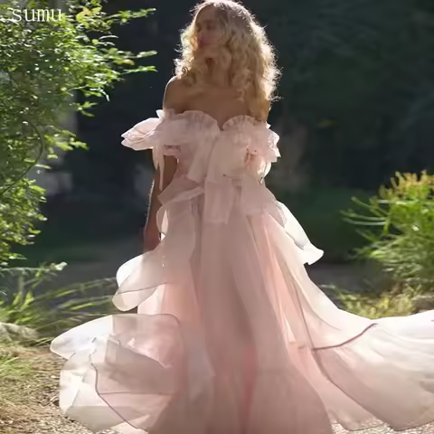 Moonlit Customized فساتين السهرة Baby Pink Off Shoulder Prom Dress Sweet Edge Curl Organza Vestidos 