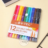 12 Pcs Colors Double Tip Brush Pen Set Isi 12 Warna V-Tec / Spidol Warna Warni Dua Sisi Mata Ujung D