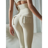 Yoyomeat High Waist Hip Lift White Nude Yoga Pants Pocket Sports Skinny Pleated Hip Lift Chrysanthem