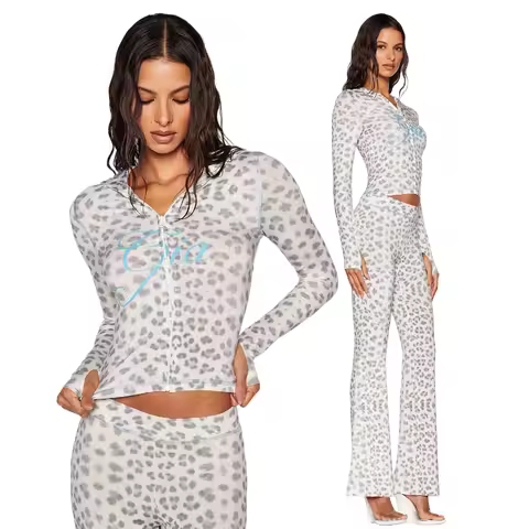 Gia snow leopard regular shoulder slim-fit letter print topstitching design slim-fit hooded zip-up s
