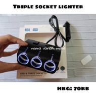triple socket lighter colokan rokok cas hp mobil cabang tiga hitam
