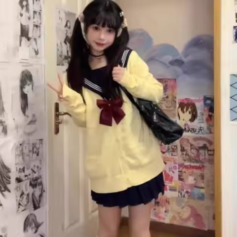 Yellow Knitted Cardigan Coat Women's Autumn/Winter Knitted Sweater Anime Yellow Coat Long Sleeve Swe