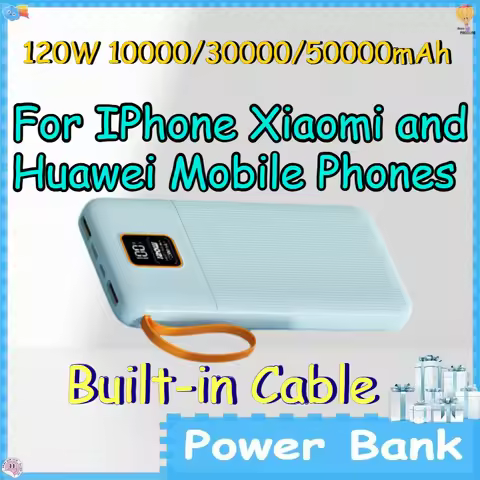 120W 10000/30000/50000mAh Power Bank with Built-in Cable for IPhone Xiaomi and Huawei Mobile Phones 