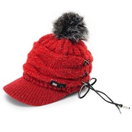 Women Visor Warm Knit Lace Up Hat Patchwork Fuzzy Ball Beret Cap (LAVA RED)