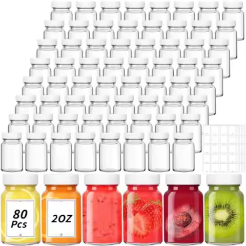 80 Pack 2 oz Glass Shot Bottles with Lids Small Clear Glass Jar for Ginger Shot Mini Juice Bottle Re
