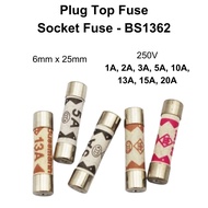 (5pcs) Plug Top Fuse BS1362 6x25 250V 13A 1A 2A 3A 5A 10A 15A 20A Ceramic Tube Fuse Plug Top Ceramic