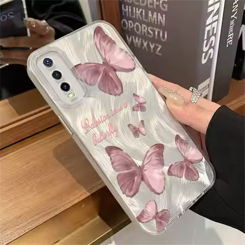 IMD Case For Vivo Y50 Y36 Y35 Y33 Y31 Y30 Y28 Y27 Y22 Y21 Y20 Pink Butterfly Pattern Feather Yarn So