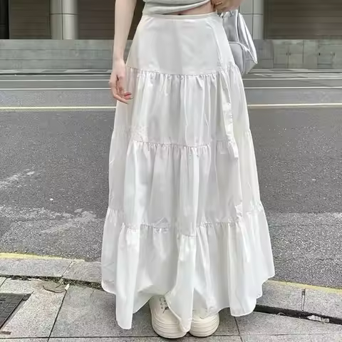 Y2k Clothes Women Skirts Vintage High Waist Elastic Patchwork White White Chic Long Cake A-line Skir