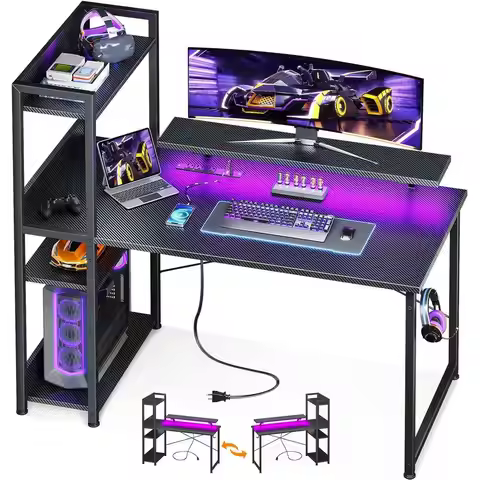 Reversible Gaming Desk LED Lights, 40 Inch Computer Desk with Storage Shelves & Monitor Stand, Study